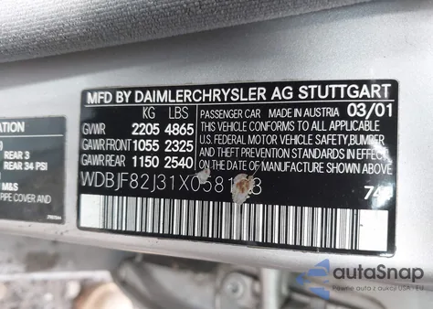 2001 Mercedes-Benz E 320 4M z USA, uszkodzony, nr VIN WDBJF82J31X058103